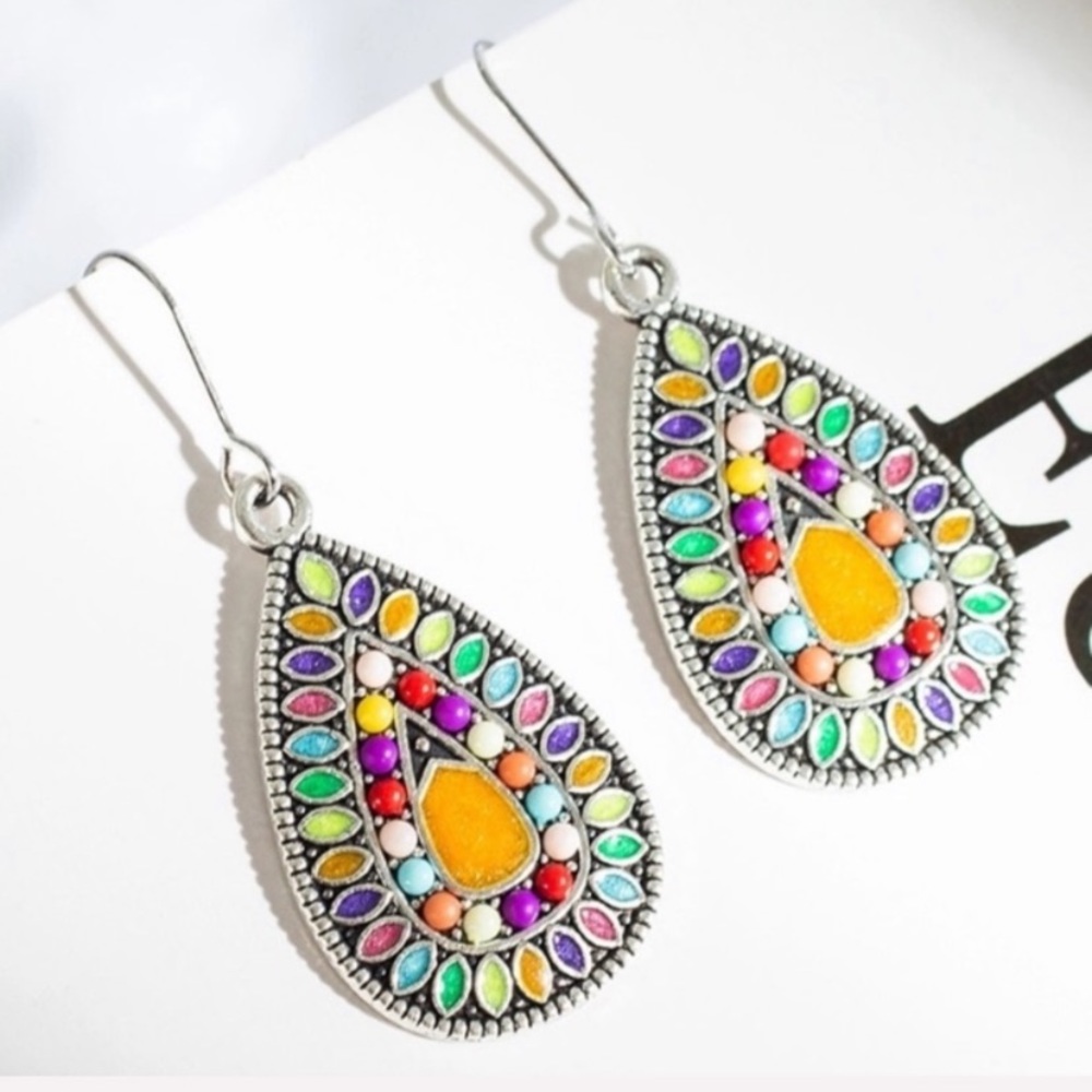 BOGO 3 Earring Set Multicolor Boho Teardrop Mosaic - Picture 8 of 8